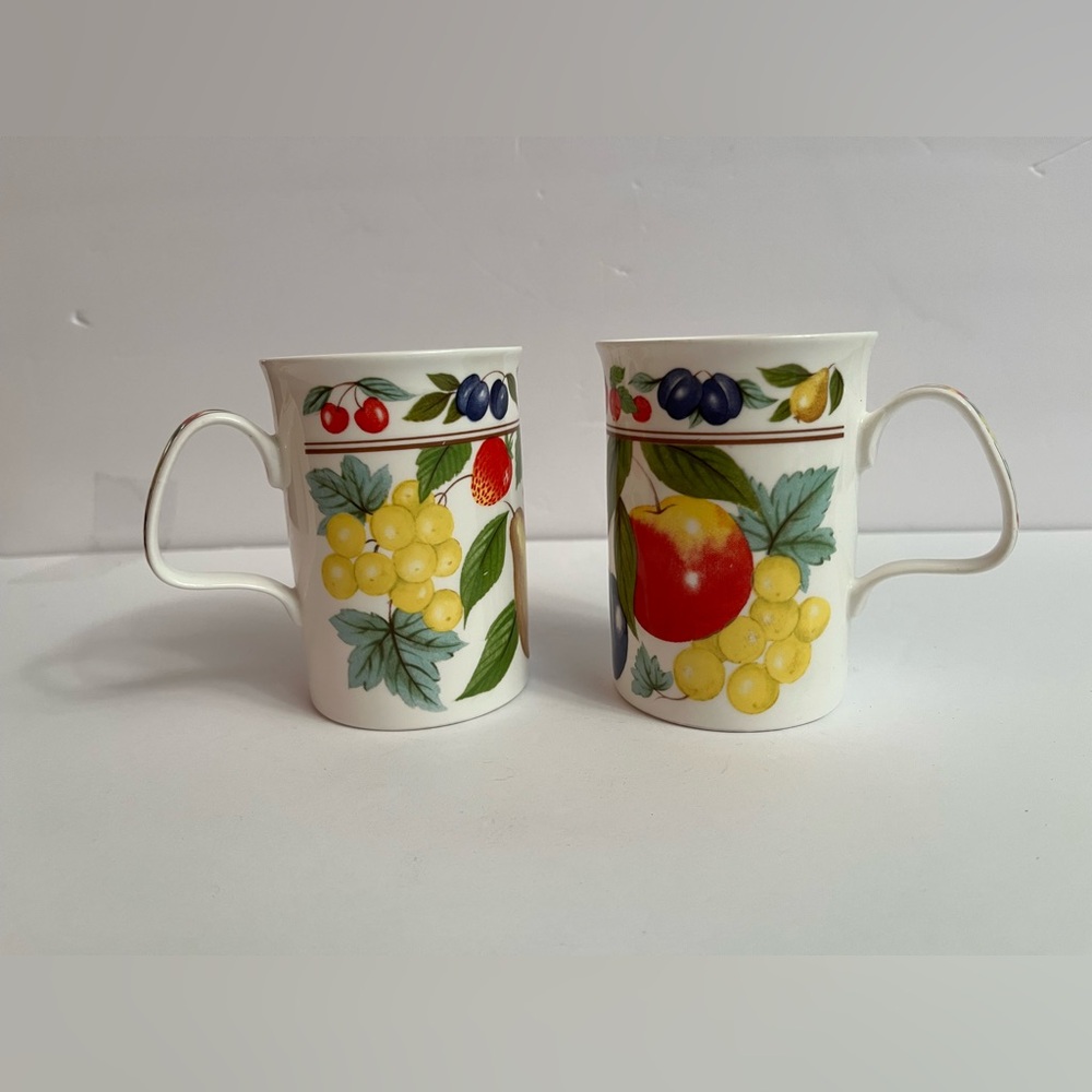 Set of 2 ~ Made in England by Roy Kirkham Fruit Patterned Bone China Mugs